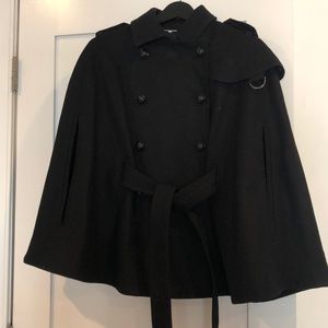 Black wool cape with buttons and belted waist